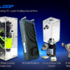 RIGLOOP Premium Gaming PC Liquid Cooling display with four components: transparent mid-tower case featuring green coolant tubing, RL160M black radiator, pump and reservoir combo, and RL50WB CPU water block