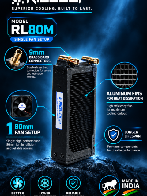 Rigloop RL-80M 80mm compact PC water cooling radiator with aluminum fins and copper tubes.