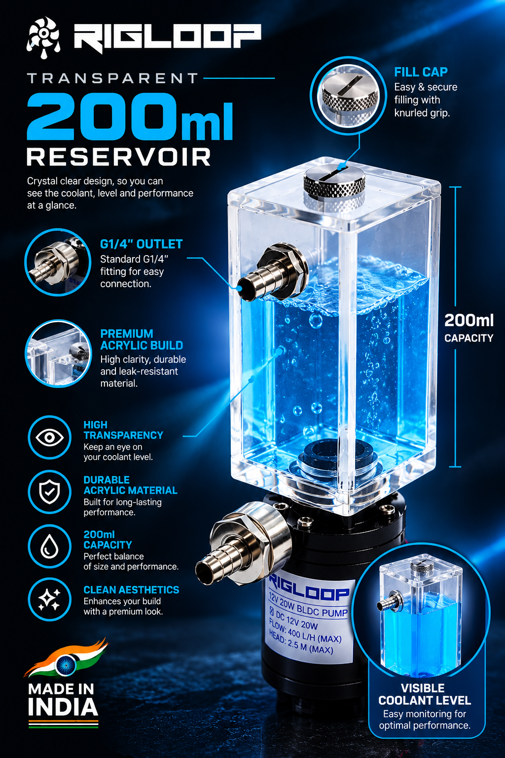 RIGLOOP RL200PR Pump and Reservoir Combo featuring a transparent 200ml reservoir and 12V 20W BLDC pump, with ultra-quiet operation, plug-and-play connectivity, and Made in India branding, displayed in a futuristic blue-lit product advertisement.