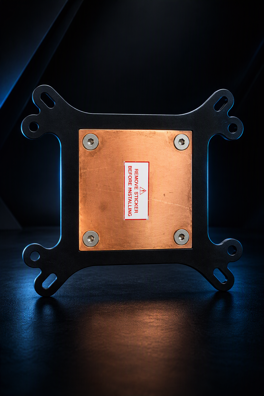 Rigloop RL50WB CPU water cooling block with 50mm copper base and universal Intel AMD mounting bracket on a dark background.