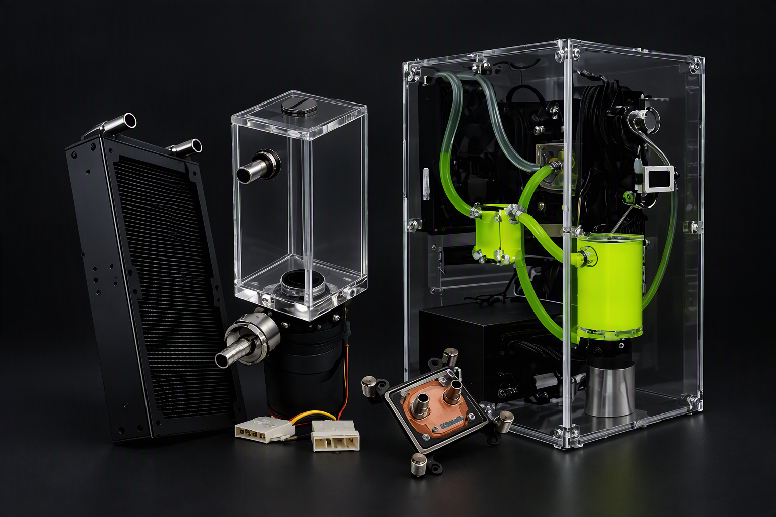 Rigloop custom PC water cooling kit with radiator, reservoir, pump and CPU water block for high-performance gaming and workstation systems.