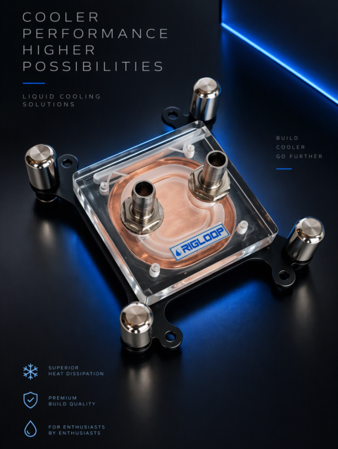 Transparent CPU water cooling block with copper base and mounting bracket.