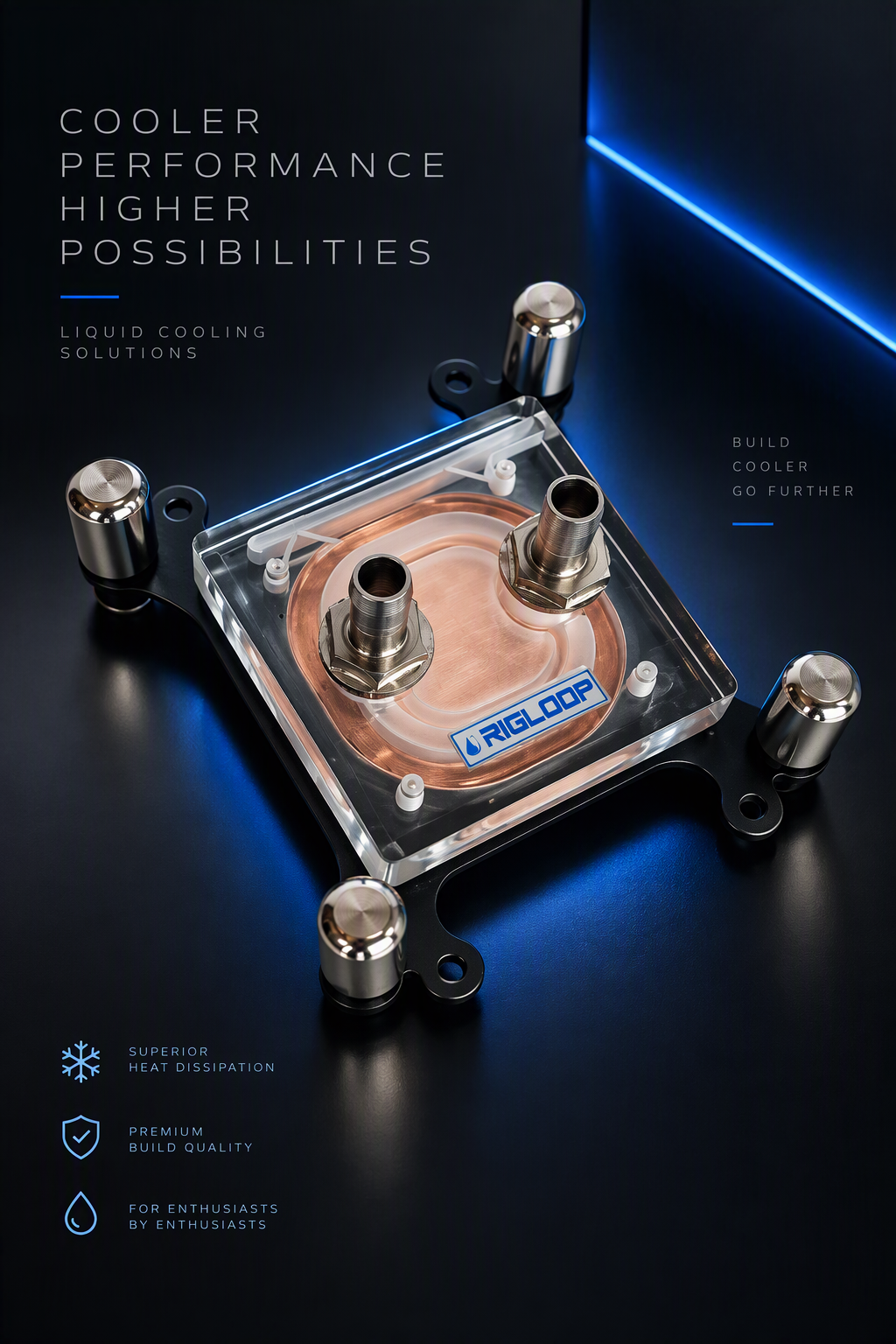 Transparent CPU water cooling block with copper base and mounting bracket.