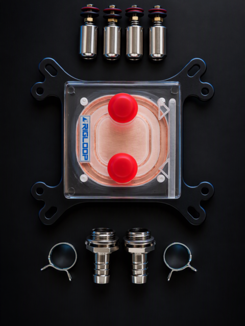 Transparent CPU water cooling block with copper base and mounting bracket and all the fittings.