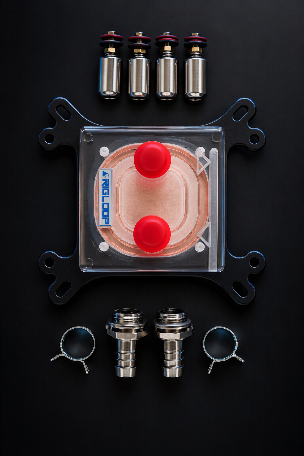 Transparent CPU water cooling block with copper base and mounting bracket and all the fittings.