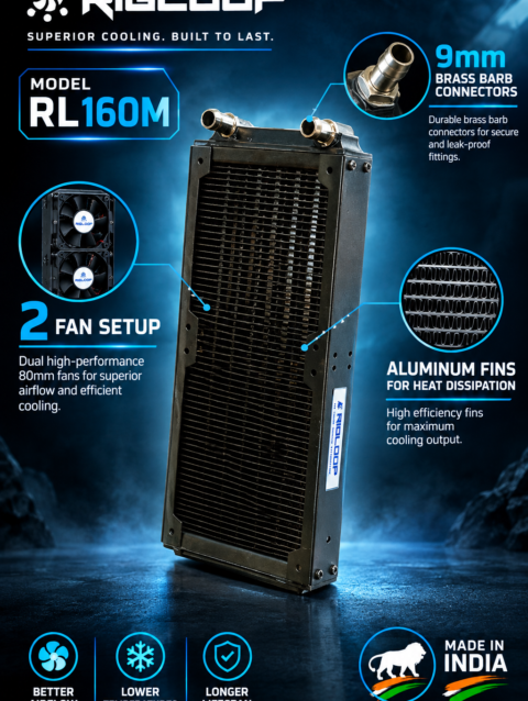 Rigloop RL160M PC liquid cooling radiator with black aluminum fin array and dual hose fittings for custom water cooling systems.