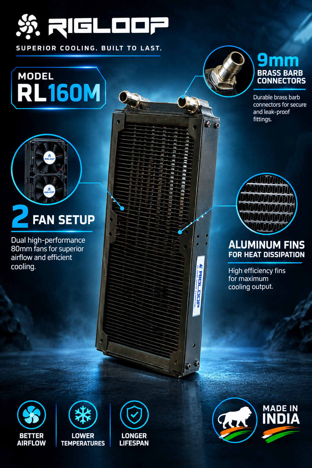 Rigloop RL160M PC liquid cooling radiator with black aluminum fin array and dual hose fittings for custom water cooling systems.