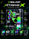 Rigloop Xtreme-X water-cooled gaming PC case with pre-installed RGB liquid cooling kit, dual radiator fans, CPU water block, digital temperature display, acrylic glass chassis and RGB reservoir