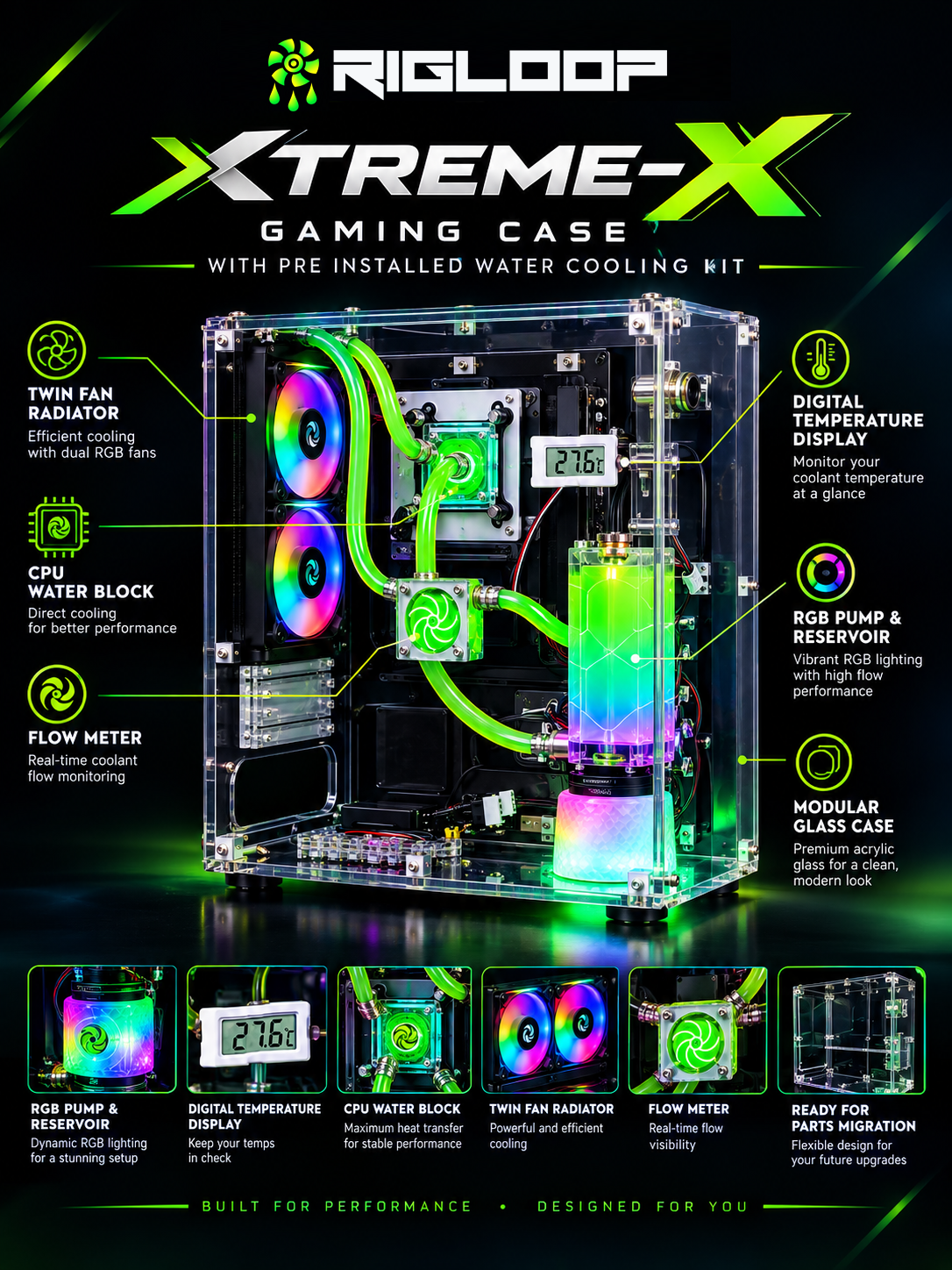 Rigloop Xtreme-X water-cooled gaming PC case with pre-installed RGB liquid cooling kit, dual radiator fans, CPU water block, digital temperature display, acrylic glass chassis and RGB reservoir