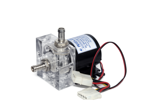 Rigloop Glass Head Water Cooling Pump with transparent acrylic head, metal fittings, high-flow coolant circulation, and DC power connection for custom liquid cooling systems.