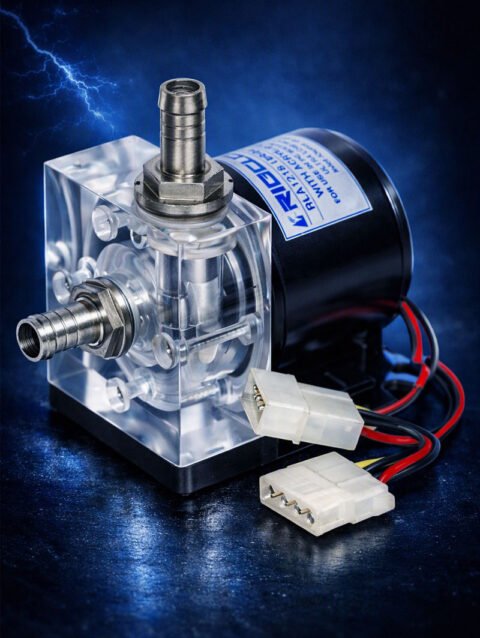 Transparent Rigloop liquid cooling pump with polished metal fittings and visible impeller, standing on a reflective dark blue surface illuminated by electric blue light effects.