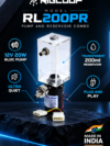 RIGLOOP RL200PR Pump and Reservoir Combo featuring a transparent 200ml reservoir and 12V 20W BLDC pump, with ultra-quiet operation, plug-and-play connectivity, and Made in India branding, displayed in a futuristic blue-lit product advertisement.