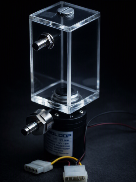A transparent rectangular acrylic reservoir mounted atop a cylindrical black pump labeled “RIGLOOP DC 12V 20W.” The pump features metal barbed fittings for tubing, electrical wires with white plastic connectors, and a screw cap on the reservoir. The assembly rests on a dark surface, showcasing a compact liquid‑cooling pump and reservoir unit used for computer water‑cooling systems.