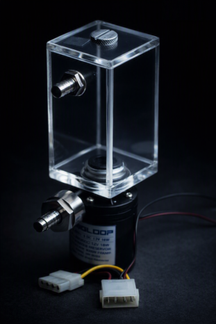 A computer liquid cooling pump and reservoir assembly illuminated by cool bluish‑white light against a dark background. The transparent acrylic reservoir with metal fittings sits atop a black cylindrical pump labeled “RIGLOOP DC 12V 18W.” Power cables and connectors extend from the pump, resting on a dark surface