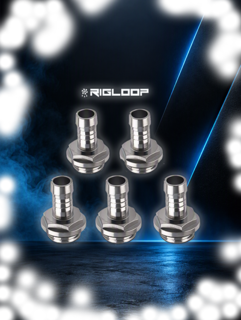 A clean product photo showing five stainless‑steel hose barb fittings arranged in two rows on a white‑grey background. Each fitting has a polished silver finish, a hexagonal threaded base, and a ribbed cylindrical top for hose connection. The fittings cast soft shadows beneath them, and the Rigloop logo appears centered above in blue and dark grey, giving the image a professional, catalog‑ready look.