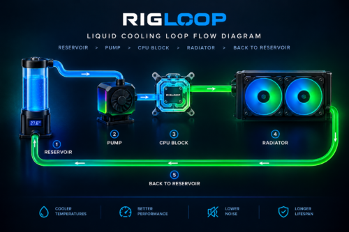 RIGLOOP liquid cooling loop flow diagram showing the flow order from reservoir to pump, CPU block, radiator, and back to the reservoir, with blue and green coolant flow arrows on a dark gaming-themed background.