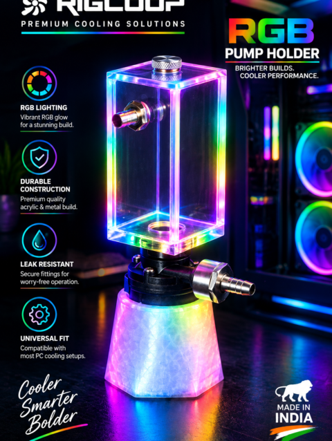 Rigloop RGB Pump and Reservoir Combo with 200ml transparent reservoir, digital temperature display, 12V water cooling pump, RGB pump holder, and 9mm brass barb connectors for PC liquid cooling systems