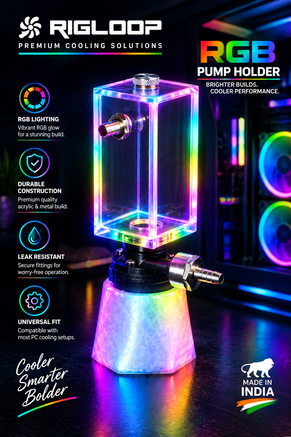 Rigloop RGB Pump and Reservoir Combo with 200ml transparent reservoir, digital temperature display, 12V water cooling pump, RGB pump holder, and 9mm brass barb connectors for PC liquid cooling systems