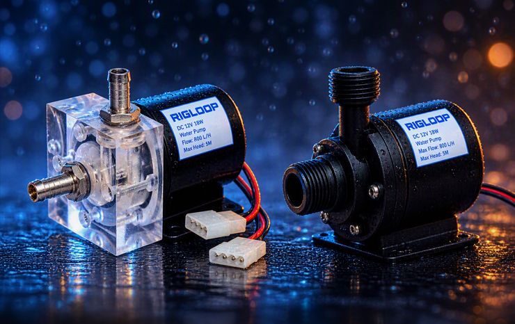 Two Rigloop DC 12V 18W water pumps displayed on a wet reflective surface under dramatic blue and orange lighting. The left pump features a transparent acrylic housing revealing the internal impeller, while the right pump has a black enclosed housing with threaded inlet and outlet ports. Water droplets and bokeh effects in the background create a cinematic product showcase. Visible labels indicate a flow rate of 800 L/H and a maximum head of 3 meters.