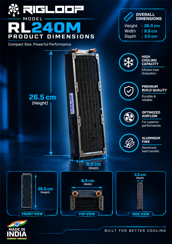 RIGLOOP RL240M radiator product dimension infographic featuring a black radiator with six copper tubes and aluminum cooling fins. Technical callouts display the overall dimensions: 26.5 cm height, 8.5 cm width, and 3.5 cm depth, with front, top, and side views. Designed with a futuristic dark blue background, cyan measurement arrows, premium build quality highlights, and Made in India branding.