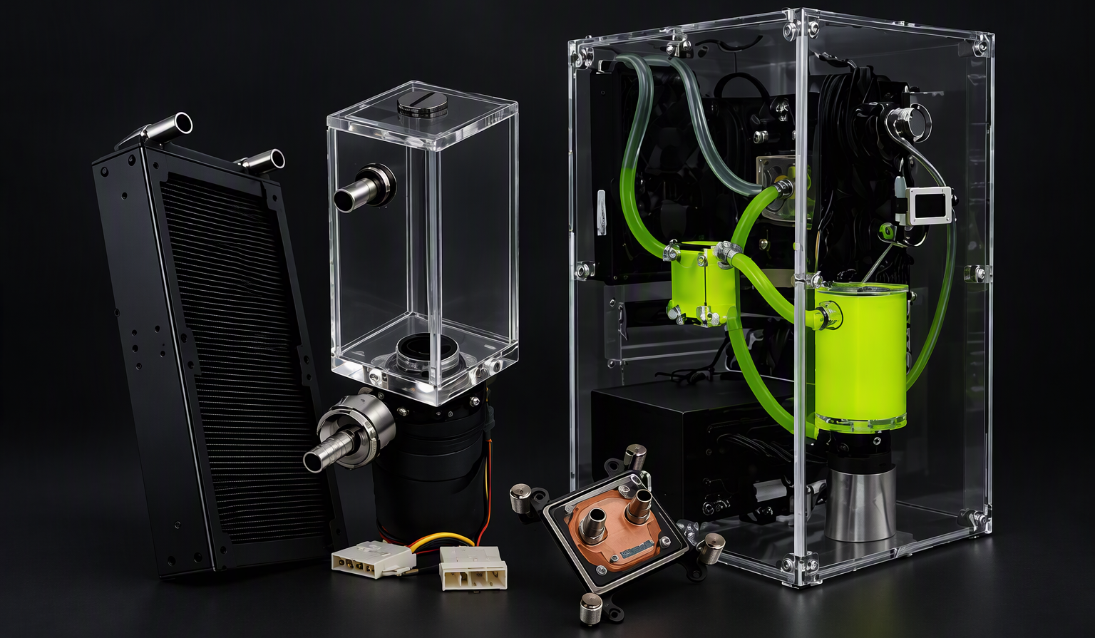 Rigloop custom PC water cooling kit with radiator, reservoir, pump and CPU water block for high-performance gaming and workstation systems.